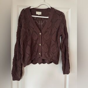 Crochet Knit Button-Front Cardigan - Brown
